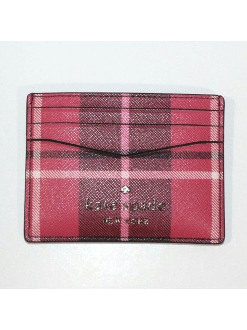 KATE SPADE PLAID SLIM CARD HOLDER CASE "STACI" BRIGHT ROSE RED & BLACK NEW!
